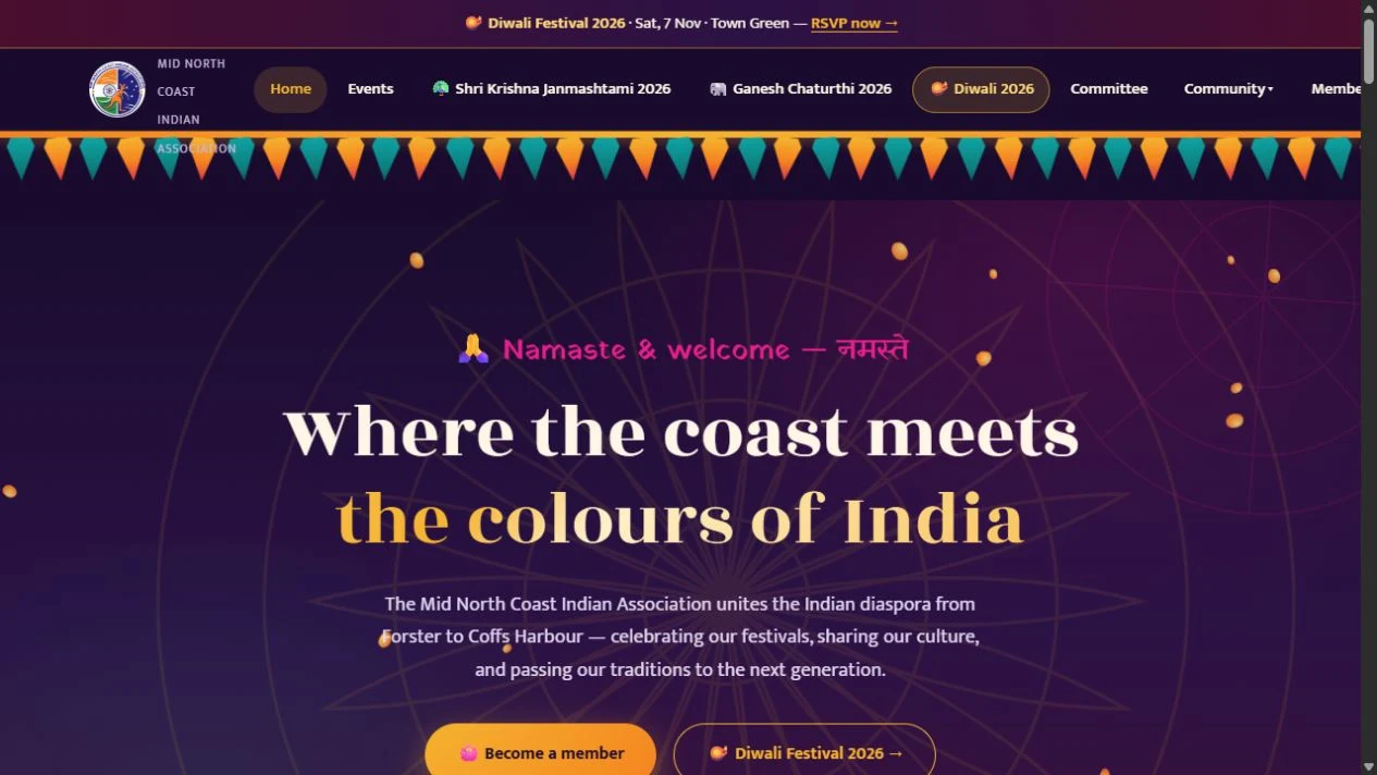 Mid North Coast Indian Association homepage showing its navigation, introduction and primary customer actions